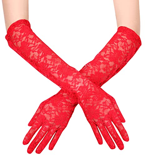 KINBOM Guantes Largos de Encaje para Novia, Boda, Fiesta de Té, Disfraces de los Años 20, Mascarada - Estampado de Flores, Un Par, Longitud 44cm (Rojo)