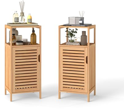 Kinfant Bamboo Bathroom Floor Cabinet Furniture Set of 2 - Free-Standing Storage Cabinet with Single Door and Shelf