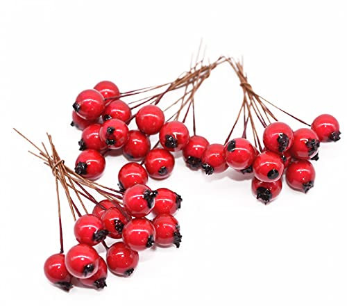 Equirider 50 Stück 10 mm künstliche Blumen Staubgefäße rote Beeren Kirsche gefälschte Glatte Schaumfrucht für Hochzeits-Weihnachtsdekoration