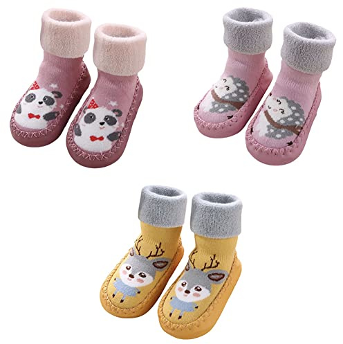 FedMois 3er Pack Baby Socken Hausschuhe Anti-Rutsch gefüttert Hüttenschuh Lauflernschuhe Winter, Reh, Igel und Panda, Gr. 23/24