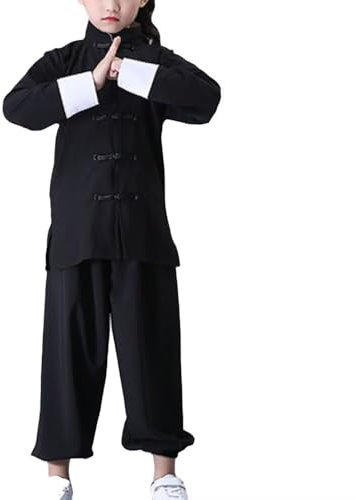 Kung Fu Anzug für Unisex-Kinder Langarm Schwarz Kampfsport Taichi Traditionelle Performance Uniform, Weiße Bündchen, 5-6 Jahre