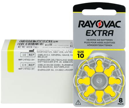 Rayovac Extra 10, 80 Unidades, baterías para audífonos, Alta Potencia, baterías de Zinc-Aire, 10 blísteres, Amarillo, 10AUX-8XEMF-10
