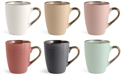 H&H Set di 6 Mug Grandi Dots 380 cc – Stoneware, Colori Pastello Assortiti, Effetto Bronzo su Manici e Bordi, Adatte Lavastoviglie e Microonde