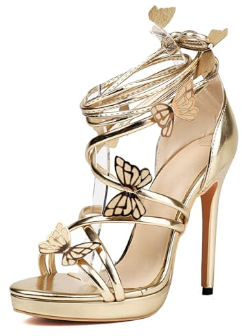 Bviennic Sandali a Spillo da Donna Punta Aperta Tacco Alto Dancing Scarpe Cordoncino Moda Sandals con Plateau Ankle Wrap, T42234Ag Oro Numero 46 EU/48Cn