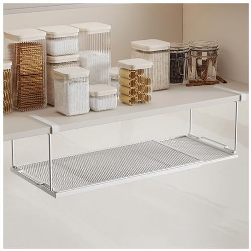 NUODWELL Panier de rangement extensible sous étagère, étagère suspendue sous placard, organiseur réglable en maille métallique pour cuisine, bureau, garde-manger (blanc)