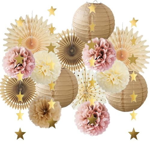 Party Deko Beige Rosa Braun Creme Neutral Boho Babyparty Deko Braun Beige JGA Frauen Altrosa Pompons Papierlaternen Champagner Gold für Boho Geburtstagdeko Brautdusche Hochzeit Junggesellenabschied