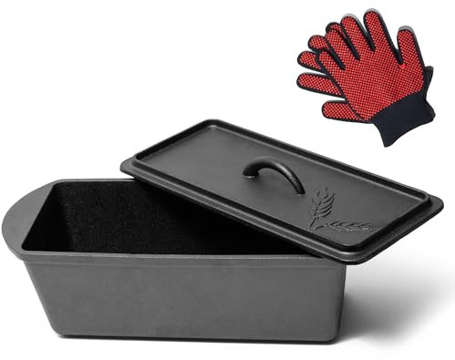 KUHA Cast Iron Bread Pan with Lid | Pre-Seasoned Sourdough Loaf Pan with Handles | Oven-Safe Cast Iron Bakeware for Homemade Bread | Heat-Resistant Gloves Included | 5.8 QT, 13.7 Wide