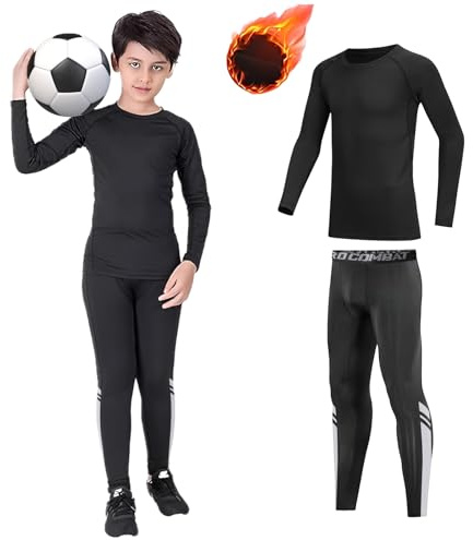 Maglia termica a maniche lunghe e leggings a compressione, per bambini, per sport, calcio, basket, sci, nero, 4-5 Years / SIZE 22