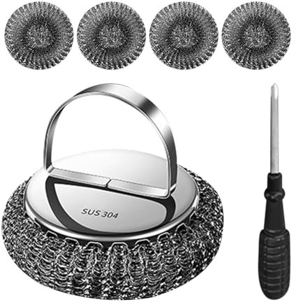 Steel Wool Scrubber with Handle, Heavy-Duty Steel Wool Scrubber, Kitchen Steel Wool Scrubber, Handle Scrubber with Steel Wool, Steel Wool Cleaning Brush, Scrubber with Steel Wool Pad