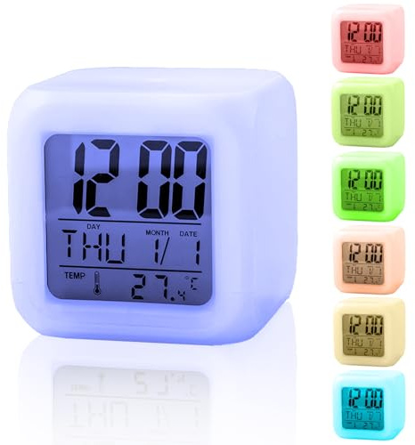 Digital Alarm Clock for Kids, Kids Alarm Clock with 7 Change Color Night Lights, Snooze, Temperature, Calendar, Music, Bedside Battery Operated Digital Clock for Boys Girls Kids Travel Bedroom Office