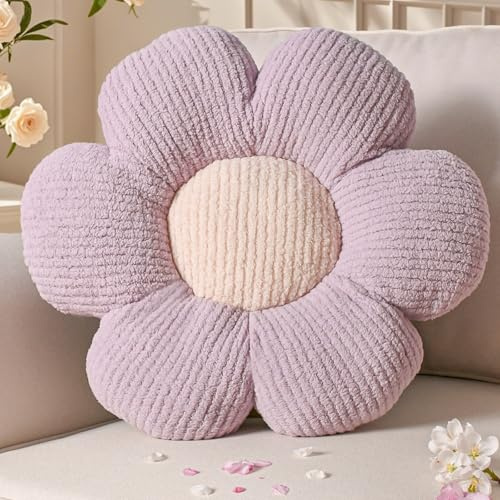 Yhoelata Valentinstag Blumenkissen, Lila Blumengestalt Zierkissen, Plüsch Bodenkissen für Sofa & Bett Kinderzimmer, Mädchen Dekoratives Gänseblümchen Design Wohnkissen 50cm