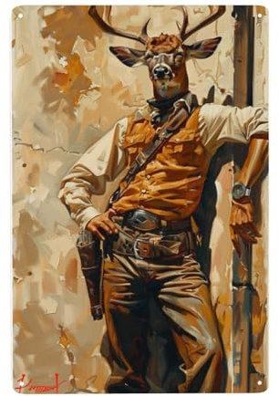 Deer Westside Cowboy, Gedruckte Cowboy-Kultur Metall Wanddekoration Lustiges Eisenmalerei Vintage Metallschild Für Wohnzimmer Cafe Küche 20X30Cm