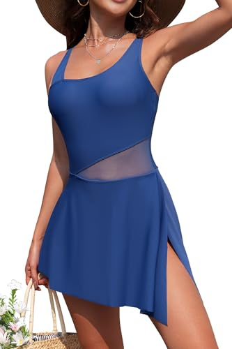 SHEKINI Womens One Piece Swimdress Swimsuit Side Tie Knot Swim Dresses Flattering Bathing Suit with Skirt, Blue, XX-Large