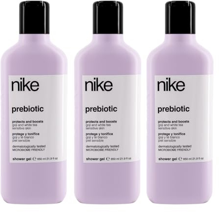 NIKE - Gel de Baño Prebiótico 3x650 ml, Pack 3, Gel Ducha, Protege y Tonifica, con Goji y Té Blanco, Equilibrio Natural de la Piel, Fórmula Respetuosa con el Microbioma Cutáneo, Cuidado de la Piel