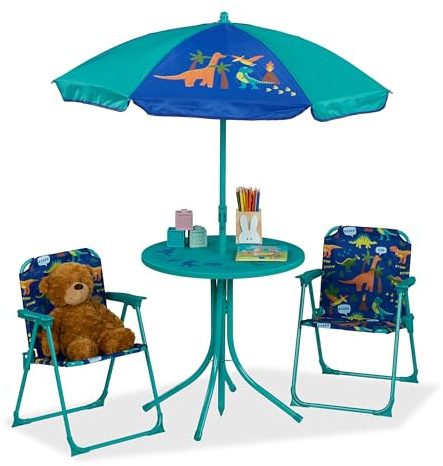 Relaxdays Mobiliario Infantil Jardín, Estampado Dino, Sombrilla de Playa, Sillas Plegables, Mesa para Niños, Turquesa