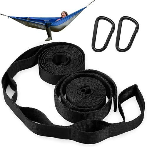 Gloryit 2er Pack Hängematte Befestigungs, Hängematten Aufhängung Gurte mit 2 Schwarz Hakenkarabinern, 5+1 Schlaufen Entwurf, für Camping Outdoor Reise max 300 kg (Schwarz, 2m x 2,5 cm|