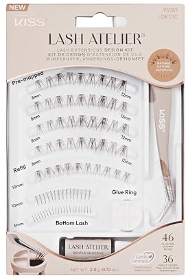 KISS Lash Atelier ögonfransförlängningsset, Natural, förpositionerade konstgjorda ögonfransar, 46 ögonfranskluster och 36 enskilda ögonfransar, varar upp till 7 dagar