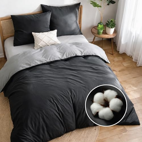 Dreamzie - Bettwäsche 240x220-2X Kissenbezug 80x80 - Baumwolle | Dunkelgrau · 3-teilig · Wendebettwäsche · Reißverschluss · OEKO-TEX Zertifiziert · Hautsympathisch · Pflegeleicht