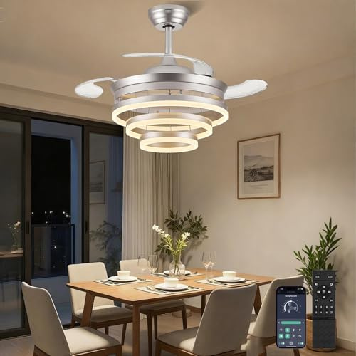 36 Inch Retractable Ceiling Fan with Lights, DIY Modern Ring LED Ceiling Fan, 3 CCT Dimmable, 6 Speed, Timer & Memory Function, Silent DC Motor, Chrome Fan Light Ceiling for Bedroom Living Room