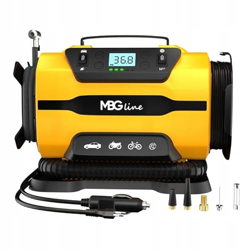 MBG line® Compresseur voiture dual-power 12V/230V | Gonfleur pneu voiture digital Auto-Stop | Pompe à air voiture & mini compresseur avec lumière LED | Adaptateur Presta inclus