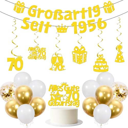 Afritee 70 Geburtstag Deko Frauen Mann, 21 Stück Goldene Banner Und Hängende Wirbel Luftballon Tortendeko, Großartig Seit 1956 Girlande Alles Gute Zum 70. Geburtstag Deko