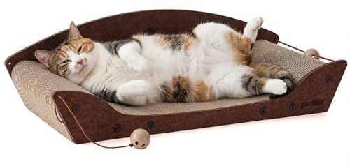 ZOMISIA 66 cm Cat Scratching Lounge Bed, 2 in 1 Cardboard Scratcher Board | For Indoor Cats, Orthopedic Large Cat Scratch Couch with Bells