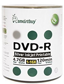 Smart Buy 100 Pack DVD-R 4.7gb 16x Silver Printable Inkjet Blank Record Disc, 100 Disc 100pk
