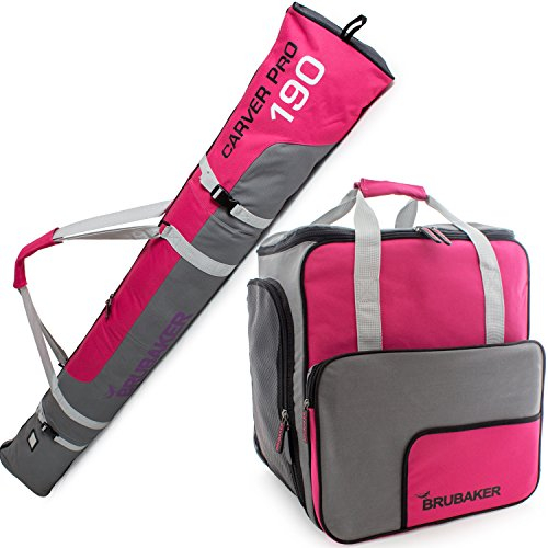 BRUBAKER Kombi Set Carver PRO - Limited Edition - Skisack und Skischuhtasche für 1 Paar Ski bis 190 cm + Stöcke + Schuhe + Helm Pink Grau
