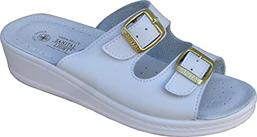 Sanital Light - Zapatilla de Cuero para Casa 1371 | Plantilla Anatómica Anti-Shock | Zapatillas Mujer Verano, Blanco, Talla 39 EU, Cuero