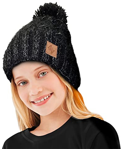 4sold Bonnet à pompon uni pour enfants - Bonnet chaud d'hiver en laine avec tire-bouchon, Zizzy Noir, Taille unique
