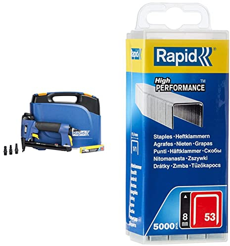 Rapid Kit agrafeuse Pneumatique Rapid, Facile à Utiliser, (6-16 mm) Bleu & 40303084, Agrafes en fil fin N°53, Longueur 8mm, 5000 pièces, Pour le textile et la décoration, Fil galvanisé, Argent