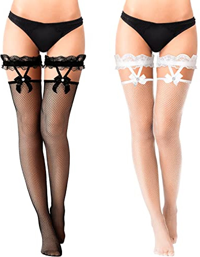 SATINIOR 2 Pairs Thigh High Fishnet Stockings Lace Bow Suspenders Hold up Halloween Stockings for Women(M Size,Black, White)