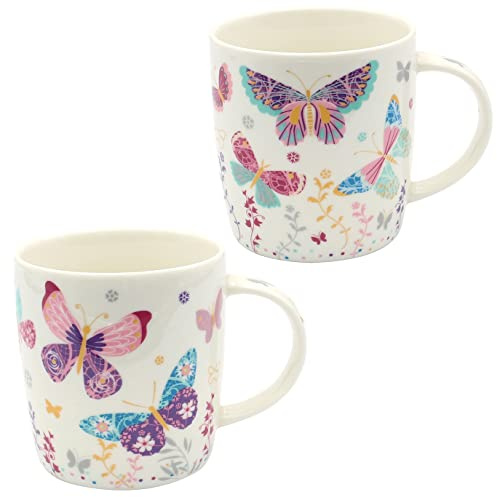 Dekohelden24 Juego de 2 tazas de café de porcelana – Diseño: mariposas coloridas – Tamaño H/Ø: 9 x 8 cm, capacidad 270 ml, apto para lavavajillas