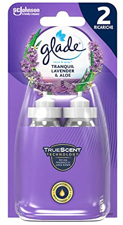 Glade Sense & Spray Doppia Ricarica, Profumatore per Ambienti con Olii Essenziali e Sensore di Movimento, Fragranza Lavanda e Aloe, Confezione da 2 Ricariche x 18 ml