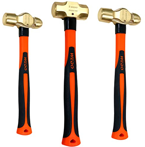 WEDO 3-teiliges Hammer-Set, 1,4 kg Vorschlaghammer, 0,5 kg Kugelhammer, 0,9 kg Kugelhammer, Messing, Fiberglasgriff, gestanzt, korrosionsbeständig