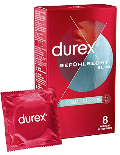 Durex Gefühlsecht Slim Kondome – Dünne Kondome mit schmaler Passform & mit Silikongleitgel befeuchtet – 8er Pack (1 x 8 Stück)