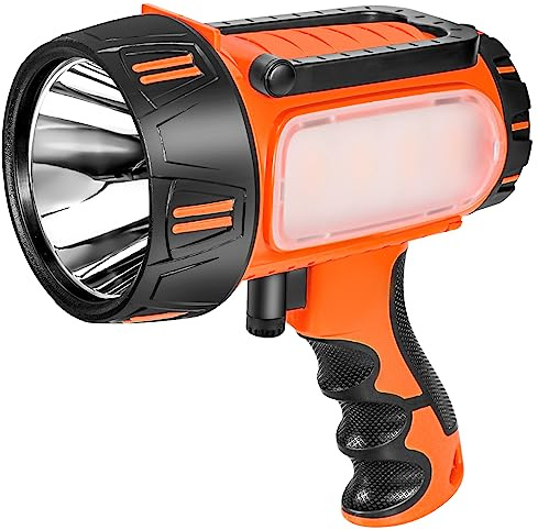 Super Bright Rechargeable Spotlight Flashlight High Lumens 10000mAh, Handheld LED Searchlight with Built-in Stand, 6 Light Modes & USB Output, Water-Resistant for Camping, Emergency & Outdoor Use