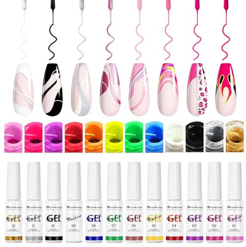 Nail Art Gel Polish - 12 PCS Gel Liner Set - White Black Glitter Silver - Soak Off UV/LED Nail Art Manicure Kit