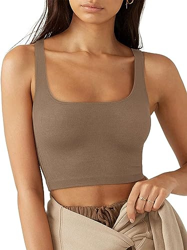 Rongseng Mujer Camiseta sin Mangas Sexy Crop Top Cuello Cuadrado Verano Deportivas Tank Tops Moda Casual Corto Chaleco Básicas Camistas para Gimnasio Entrenamiento