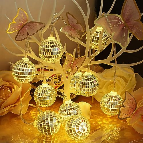 Morofme 10 LED Disco Ball String Lights Silver Hanging Mirror Disco Party Light Mini Disco Balls Ornaments Tree Decoration Light Christmas Lamp for Holiday Wall Window Indoor Outdoor 70s Party