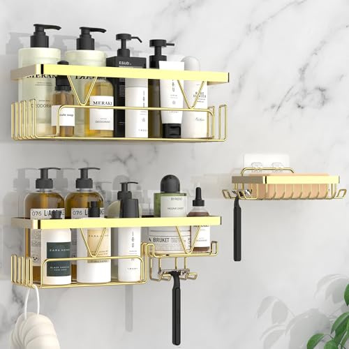 KEGII Gold Shower Caddy - 3-Pack Shower Organiser with Soap Holder | Elegant Gold Electroplated Finish, More Side Hooks, With Razor Holder, Stainless Steel, No Drilling, Bathroom Storage