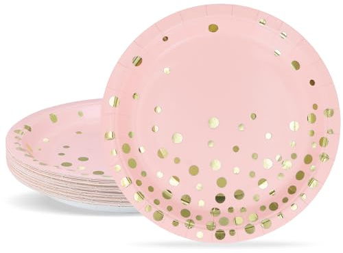 ZVK Partyteller, 24 Einwegteller, 23 cm, Rosa mit Goldfolie, Partygeschirr