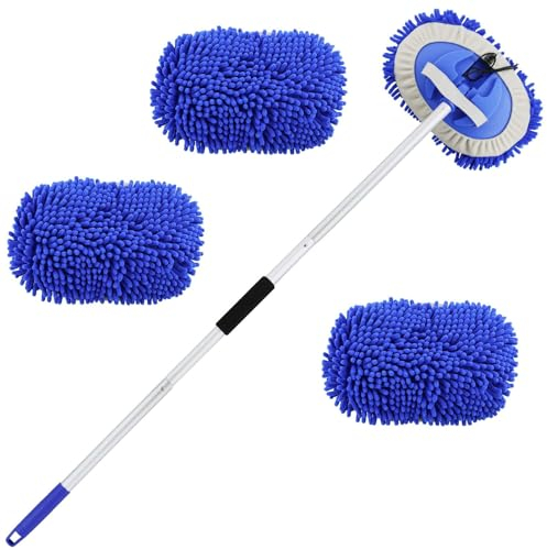 DNDGDLUA 160cm Autowaschbürste Mit Teleskopstiel Wohnmobil Auto Waschbürste Reinigungsset Mikrofasertücher Autoreinigung Bürste Set 2 In 1 Anti Kratzer Teleskopbürste Wischmop Ersatz（3 x Moppkopf）