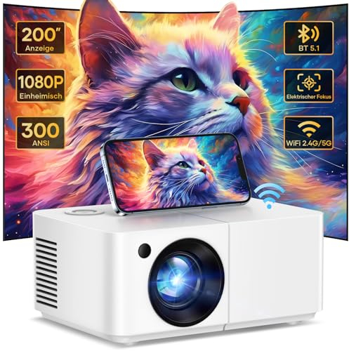 Mini Beamer, Elektrischer Fokus Full HD 1080P Beamer Outdoor und 5G WiFi Bluetooth 400 ANSI Mini Projektor für Heimkino, Bildung,Gaming,Meeting für PC/Android/IOS/HDMI/USB