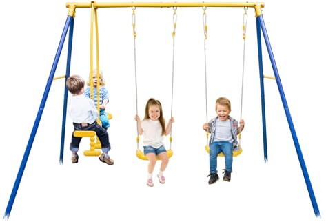 KOMFOTTEU Set di Altalene da Giardino per Bambini 3-12 Anni, Seggiolino Altalena Bambini con Altalena a Bilico e 2 Altalene a Dondolo, Corde Regolabili, Telaio ad A Stabile per Esterno ed Interno