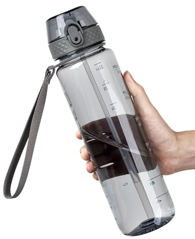 OLDLEY 1L Sports Water Bottle with Straw, Tritan 1 Litre Motivational Drink Bottle, BPA Free Leakproof Transparent Water Bottle with Time Marker for Cycling, School, Gym, Outdoor (Grey)