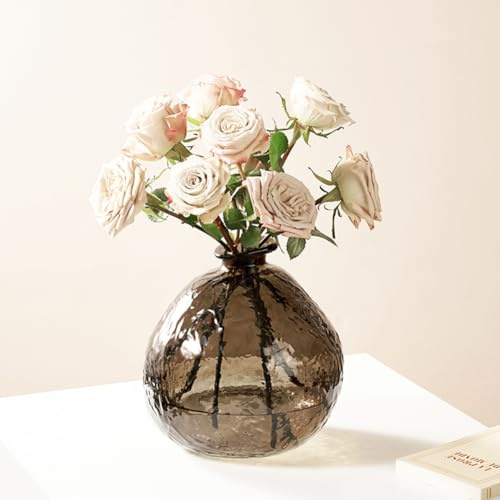 XIUWOUG Vaso di Vetro martellato di Forma Rotonda per Fiori, Grande Vaso di Vetro per l'arredamento, vasi Decorativi di Fiori per l'arredamento del Soggiorno, Tavolo da Pranzo, Matrimonio,Marrone