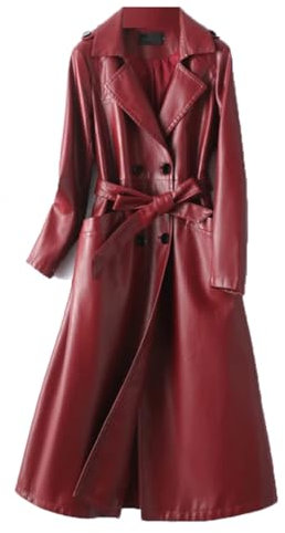 Zweireihiger Trenchcoat aus Schaffell mit Gürtel, mittellang, langärmelig, echtes Leder, weinrot, L