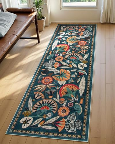 Zealude Boho Washable Green Bathroom Kitchen Runner Rug, 2x8 Egypt Hallway Entryway Rug Runner, Non Slip Botanical Floral Vintage Carpet for Entry Living Laundry Room (Dark Green, 2 x 8)