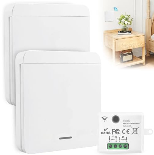 WIYETY RF 433Mhz - Interruptor de luz inalámbrico (230 V, receptor inalámbrico, alcance de 30 metros, para lámparas de hasta 1500 W, 2 interruptores y 1 receptor)